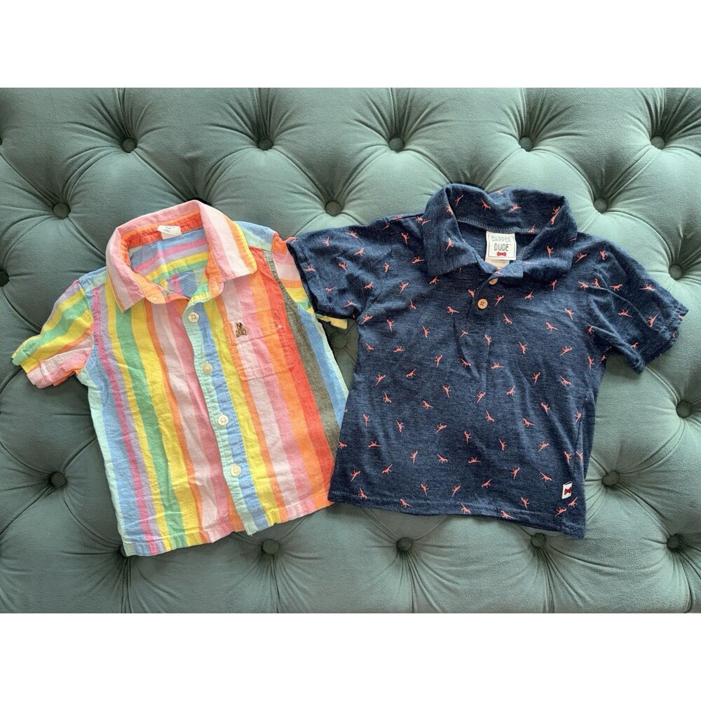 Dapper Dude & Gap Shirts Short Sleeve 2T Navy Dino Multi Color Stripe Toddler